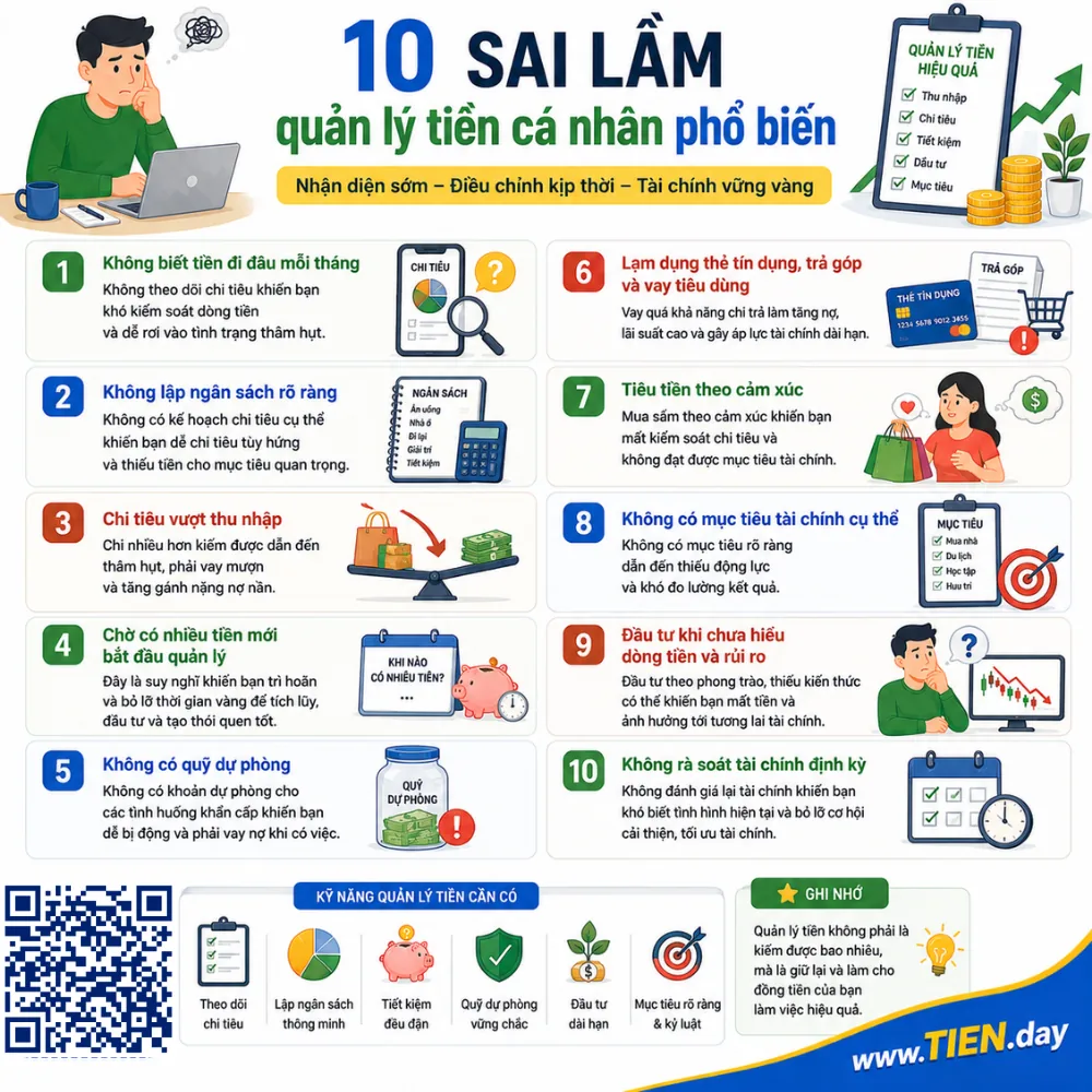 10 sai lầm quản lý tiền cá nhân phổ biến - tien.day infographic