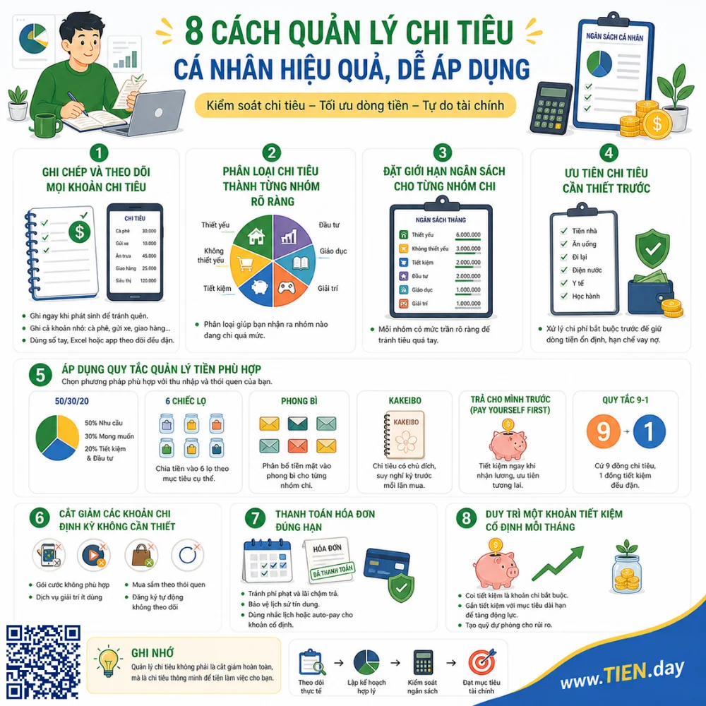 8 cách quản lý chi tiêu cá nhân hiệu quả, dễ áp dụng tien.day infographic 