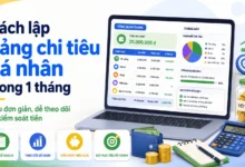 Thumbnail hướng dẫn lập bảng chi tiêu cá nhân trong 1 tháng với dashboard ngân sách, ví tiền, máy tính, biểu đồ và mục tiêu tiết kiệm