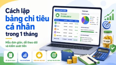 Thumbnail hướng dẫn lập bảng chi tiêu cá nhân trong 1 tháng với dashboard ngân sách, ví tiền, máy tính, biểu đồ và mục tiêu tiết kiệm
