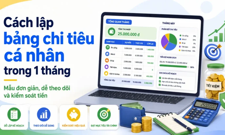 Thumbnail hướng dẫn lập bảng chi tiêu cá nhân trong 1 tháng với dashboard ngân sách, ví tiền, máy tính, biểu đồ và mục tiêu tiết kiệm