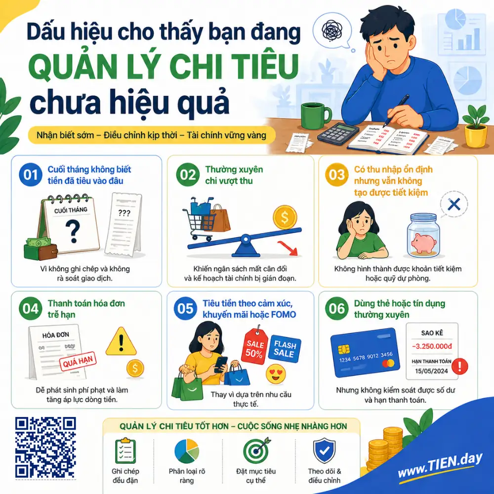Dấu hiệu cho thấy bạn đang quản lý chi tiêu chưa hiệu quả tien.day infographic 