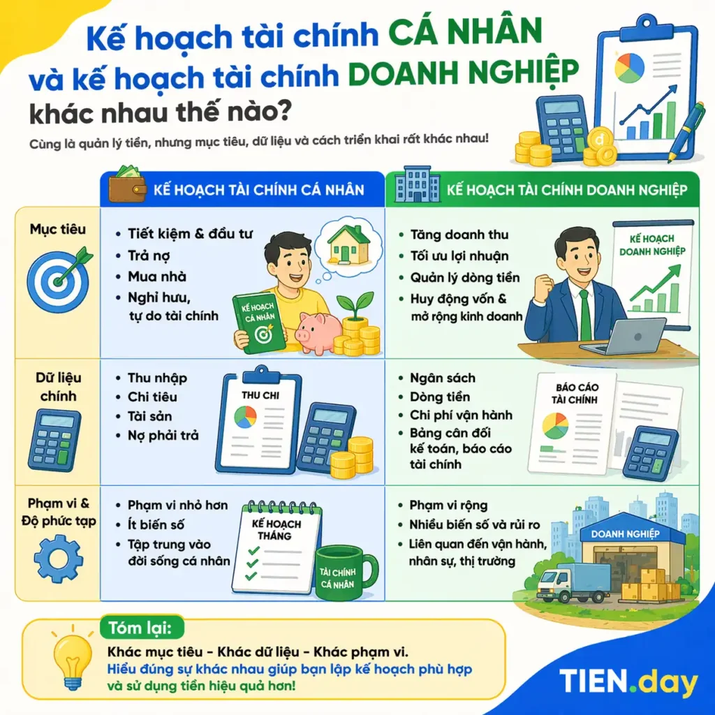 Kế hoạch tài chính cá nhân và kế hoạch tài chính doanh nghiệp khác nhau thế nào tien.day infographic