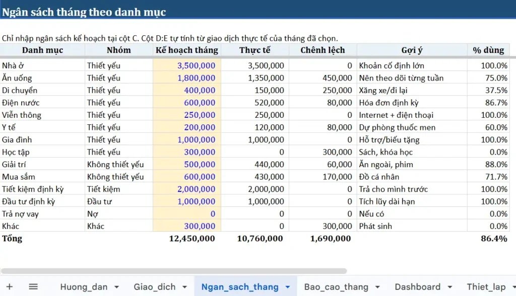Mẫu bảng Quản lý chi tiêu cá nhâ - quản lý tài chính hàng tháng tốt hơn 02 