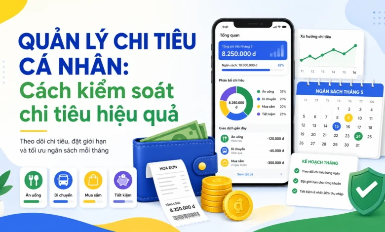 Thumbnail minh họa quản lý chi tiêu cá nhân với app theo dõi chi tiêu, ví tiền, hóa đơn, biểu đồ ngân sách và kế hoạch tháng