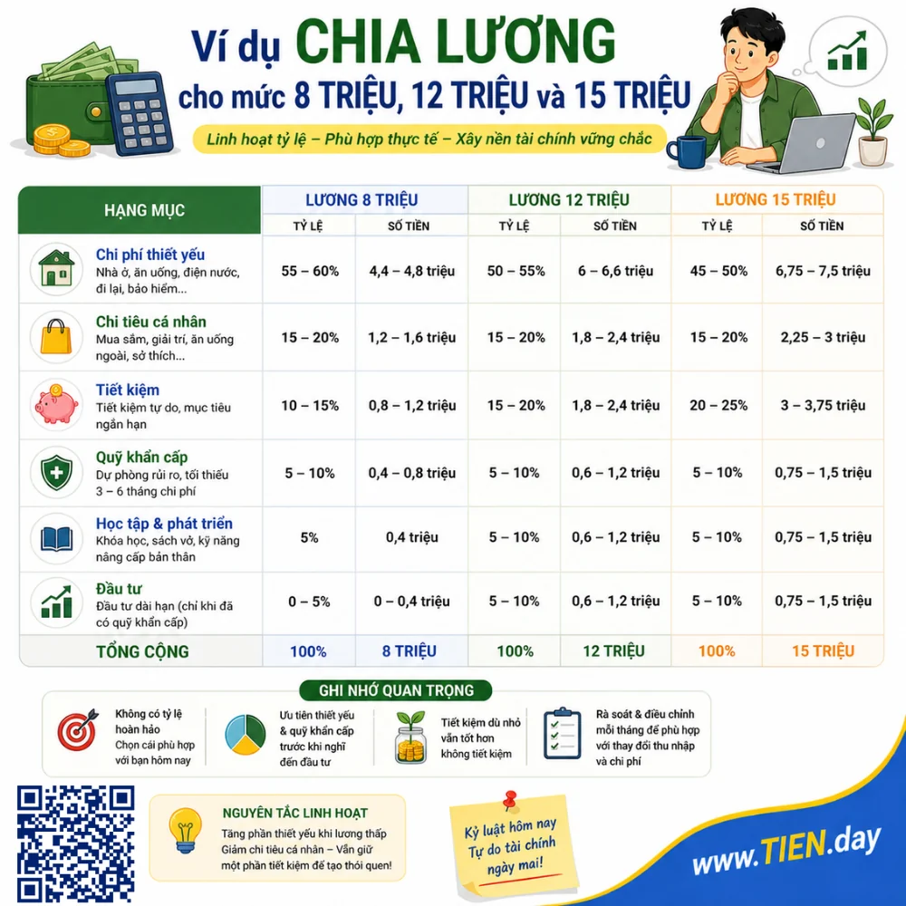 Ví dụ chia lương cho mức 8 triệu, 12 triệu và 15 triệu