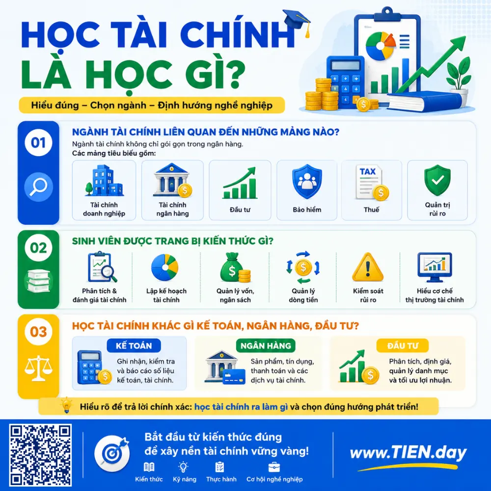 Infographic giải thích học tài chính là học gì, gồm tài chính doanh nghiệp, ngân hàng, đầu tư, bảo hiểm, thuế và quản trị rủi ro
