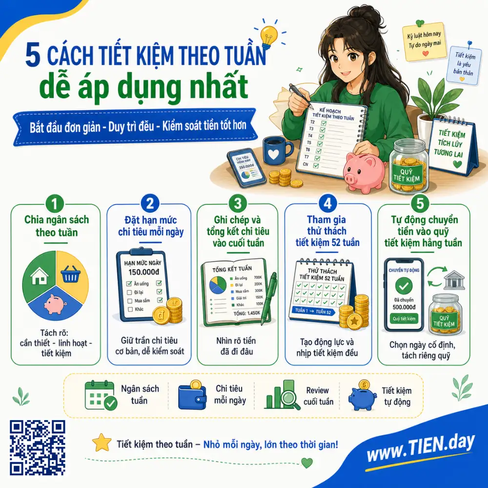 5 cách tiết kiệm tiền theo tuần dễ áp dụng nhất tien.day infographic
