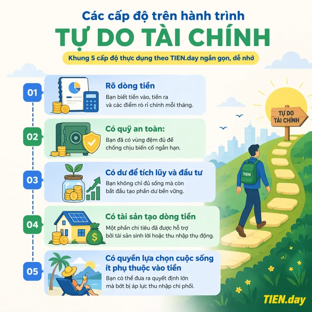 Các cấp độ trên hành trình tự do tài chính tien.day infographic