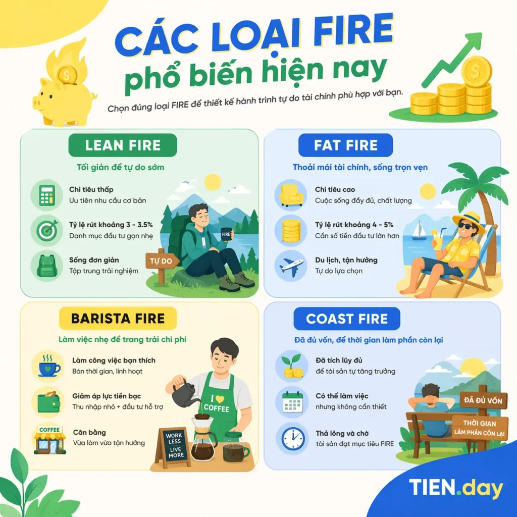 Các loại FIRE phổ biến hiện nay tien.day infographic: Lean FIRE - Fat FIRE - Barista FIRE - Coast FIRE