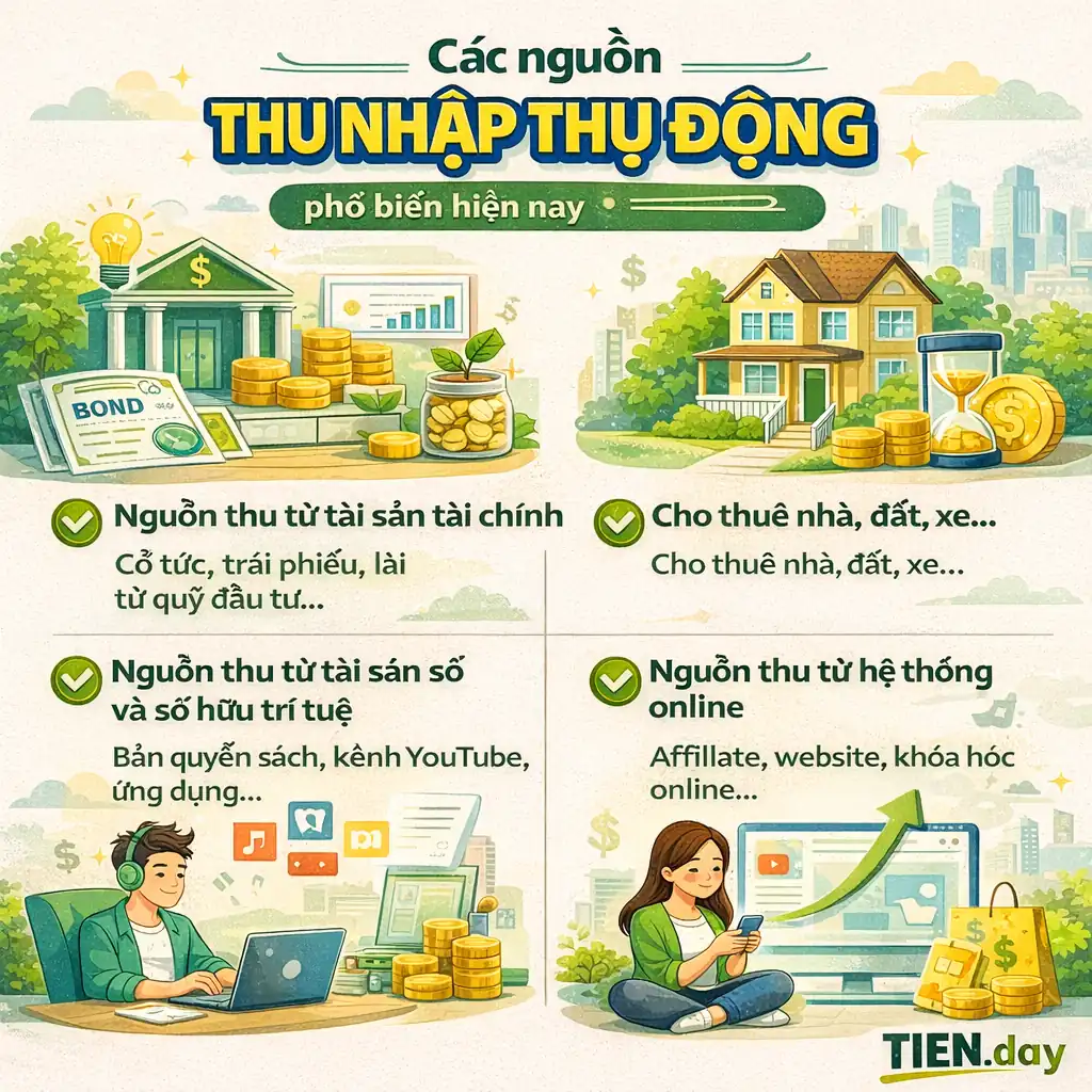 Các nguồn thu nhập thụ động phổ biến hiện nay tien.day infographic