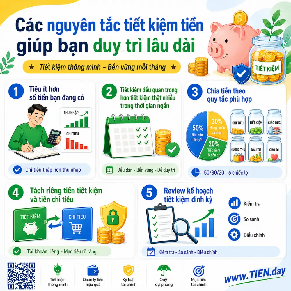 Các nguyên tắc tiết kiệm tiền giúp bạn duy trì lâu dài tien.day infographic