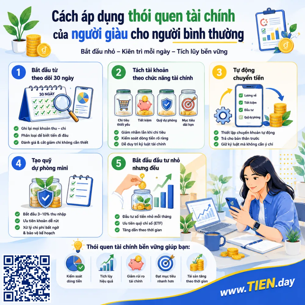 Cách áp dụng thói quen tài chính của người giàu cho người bình thường - tien.day infographic