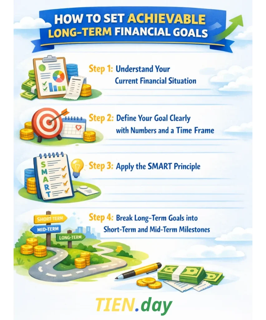Cách đặt mục tiêu tài chính dài hạn khả thi - Setting achievable financial goals infographic