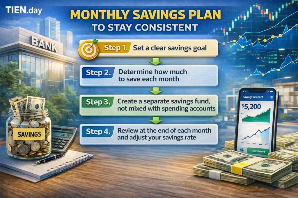 Cách lên kế hoạch tiết kiệm tiền theo tháng để duy trì lâu dài-Monthly savings plan infographic