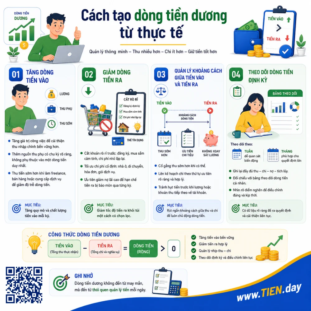 Cách tạo dòng tiền dương từ thực tế tien.day infographic