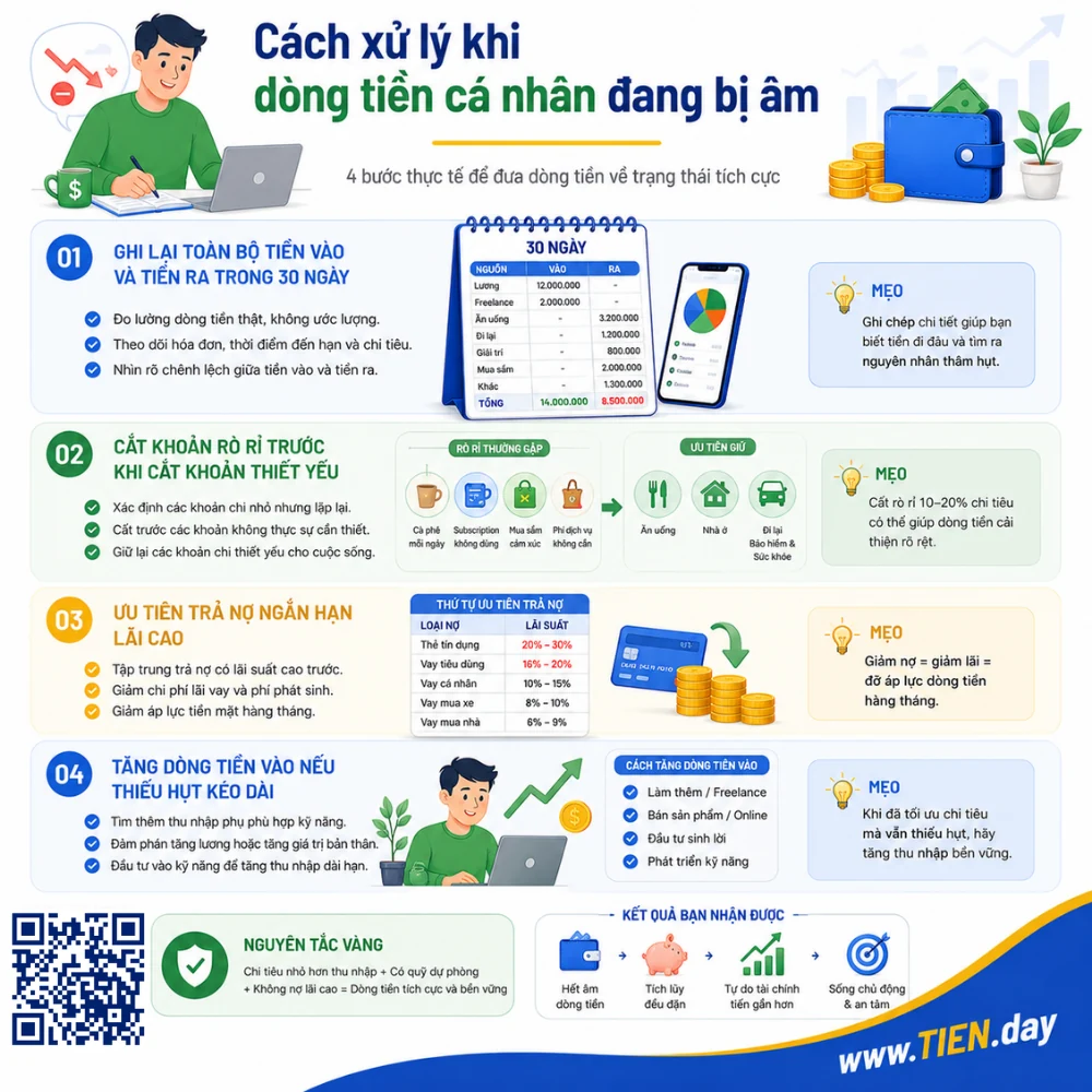 Cách xử lý khi dòng tiền cá nhân đang bị âm tien.day infographic