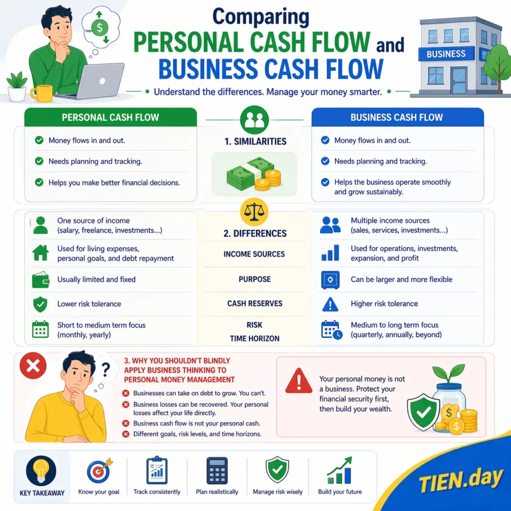 Comparing personal cash flow and business cash flow tien.day infographic