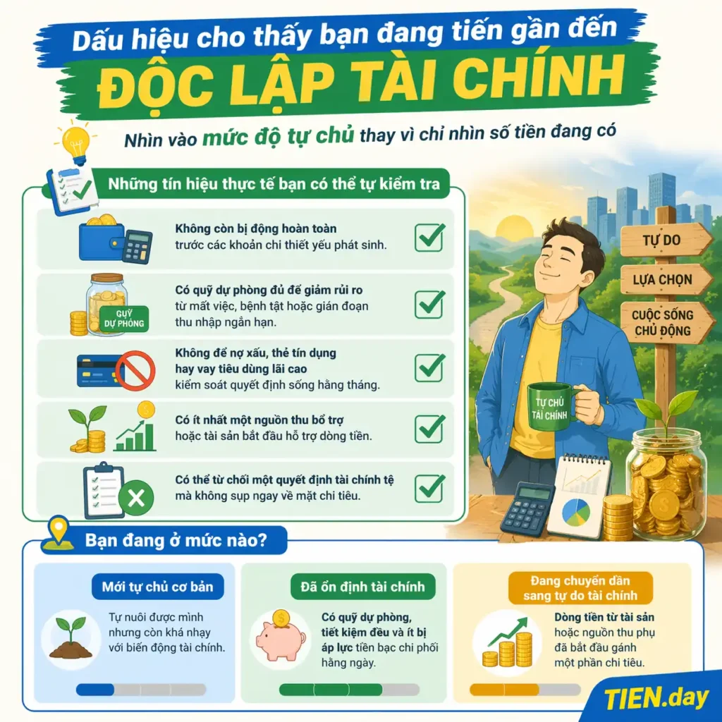 Dấu hiệu cho thấy bạn đang tiến gần đến độc lập tài chính tien.day infographic