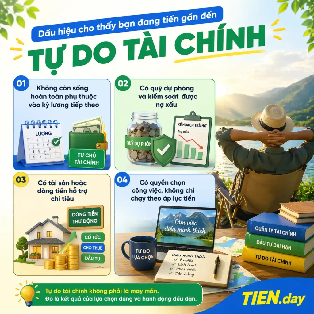 Dấu hiệu cho thấy bạn đang tiến gần đến tự do tài chính tien.day infographic