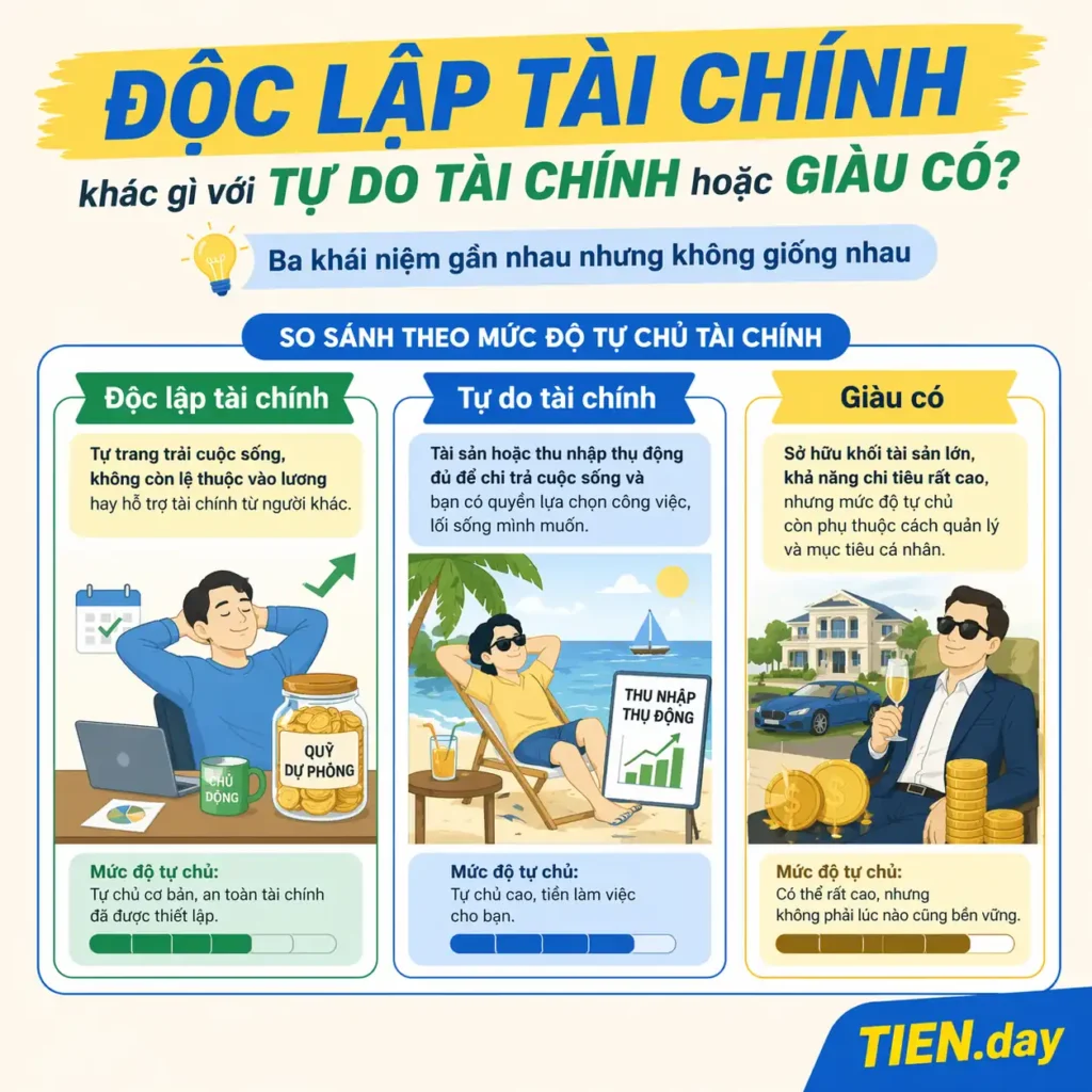 Độc lập tài chính khác gì với tự do tài chính và giàu có - infographic tien.day