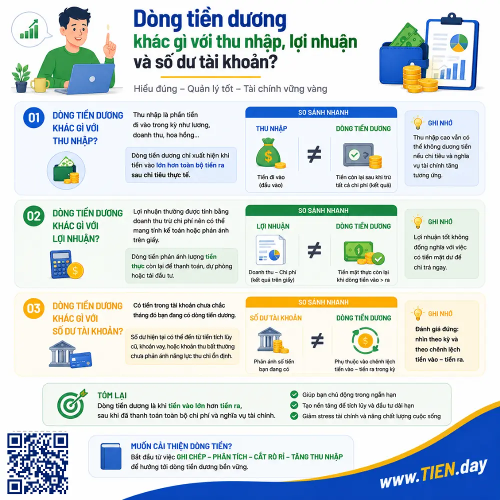 Dòng tiền dương khác gì với thu nhập, lợi nhuận và số dư tài khoản