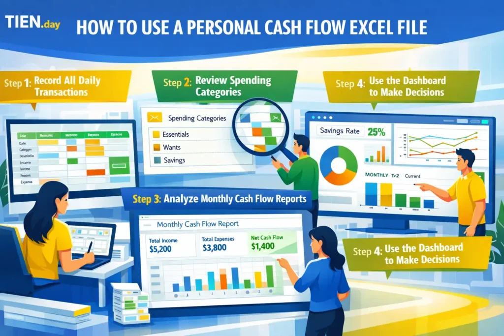 HƯỚNG DẪN SỬ DỤNG FILE EXCEL QUẢN LÝ DÒNG TIỀN CÁ NHÂN Bước 1: Nhập toàn bộ giao dịch hàng ngày Bước 2: Kiểm tra danh mục chi tiêu Bước 3: Xem báo cáo dòng tiền theo tháng Bước 4: Đọc dashboard để ra quyết định