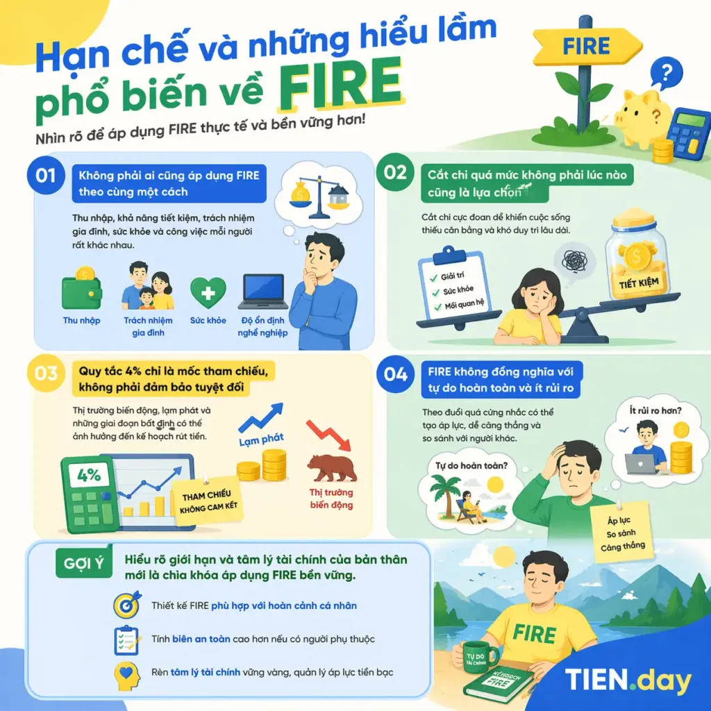 Hạn chế và những hiểu lầm phổ biến về FIRE tien.day infographic