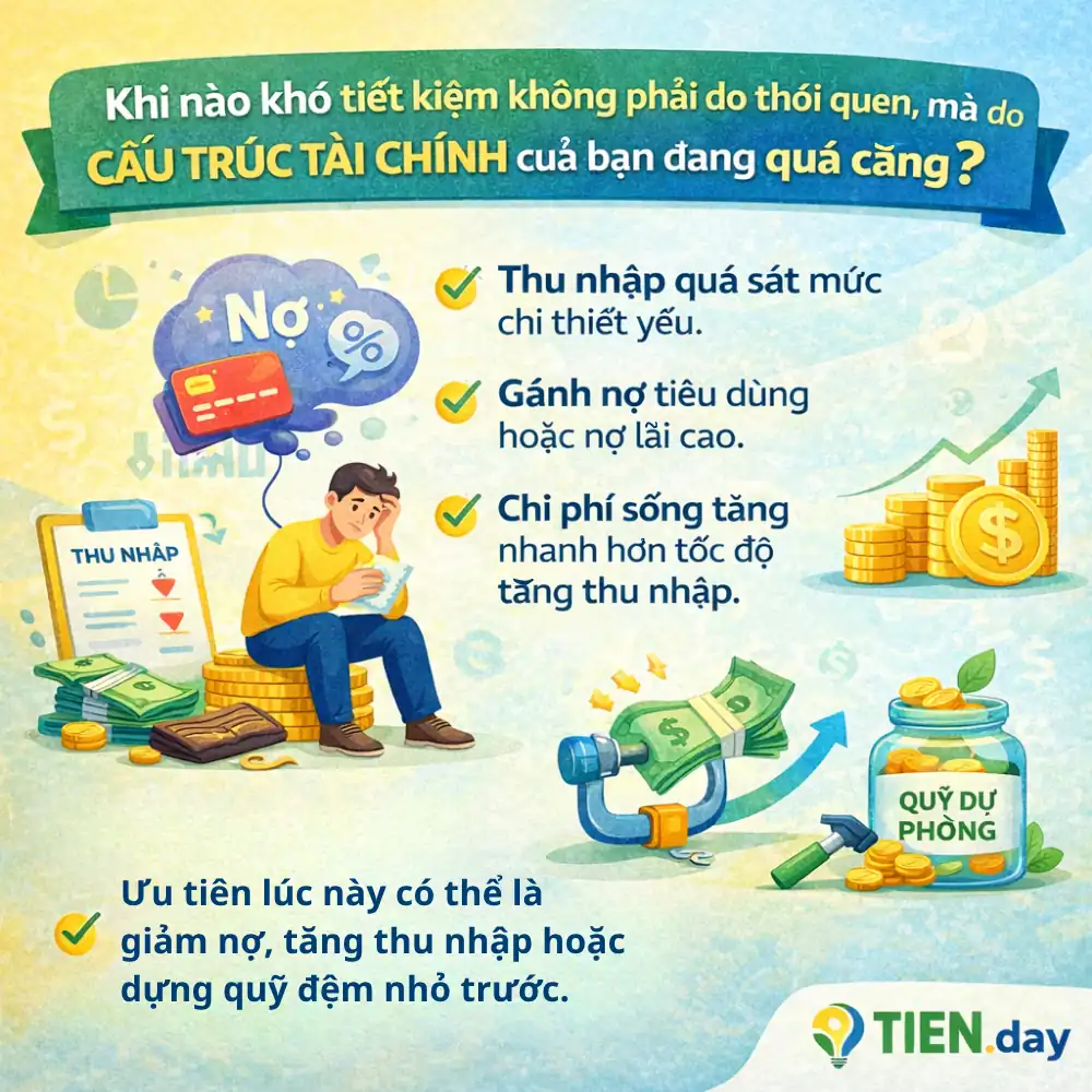 Khi nào khó tiết kiệm không phải do thói quen, mà do cấu trúc tài chính của bạn đang quá căng?  +Thu nhập quá sát mức chi thiết yếu. +Gánh nợ tiêu dùng hoặc nợ lãi cao. +Chi phí sống tăng nhanh hơn tốc độ tăng thu nhập. +Ưu tiên lúc này có thể là giảm nợ, tăng thu nhập hoặc dựng quỹ đệm nhỏ trước.