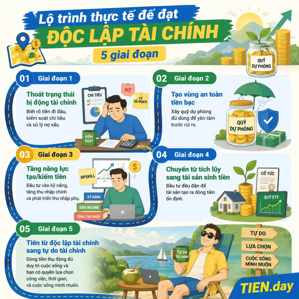 Lộ trình thực tế để đạt độc lập tài chính tien.day infographic