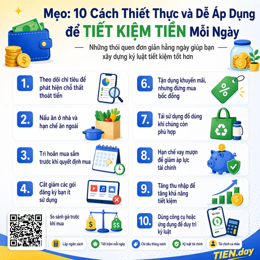 Mẹo 10 cách tiết kiệm tiền thực tế, dễ áp dụng hằng ngày tien.day infographic