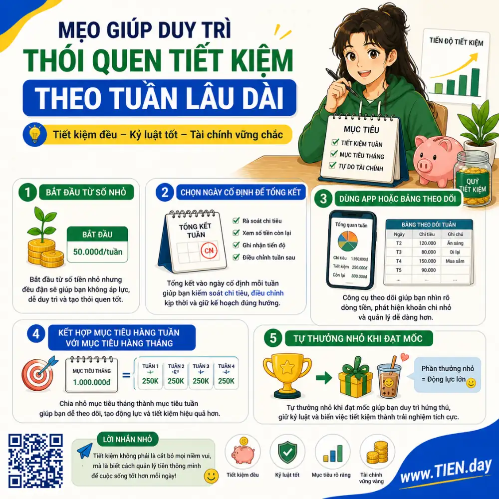 Mẹo giúp duy trì thói quen tiết kiệm theo tuần lâu dài tien.day infographic 