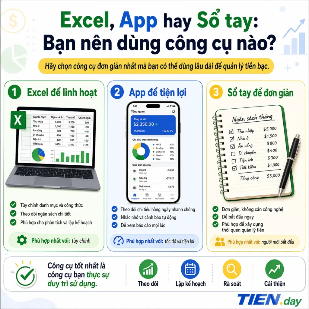 Nên dùng Excel, app hay sổ tay để quản lý tài chính cá nhân tien.day infographic