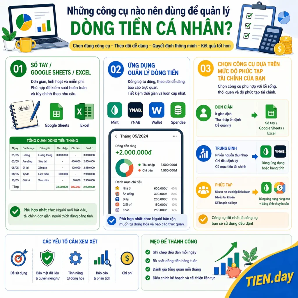 Nên dùng công cụ nào để quản lý dòng tiền cá nhân tien.day infographic