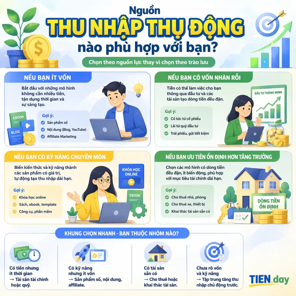 Nguồn thu nhập thụ động nào phù hợp với bạn tien.day infographic