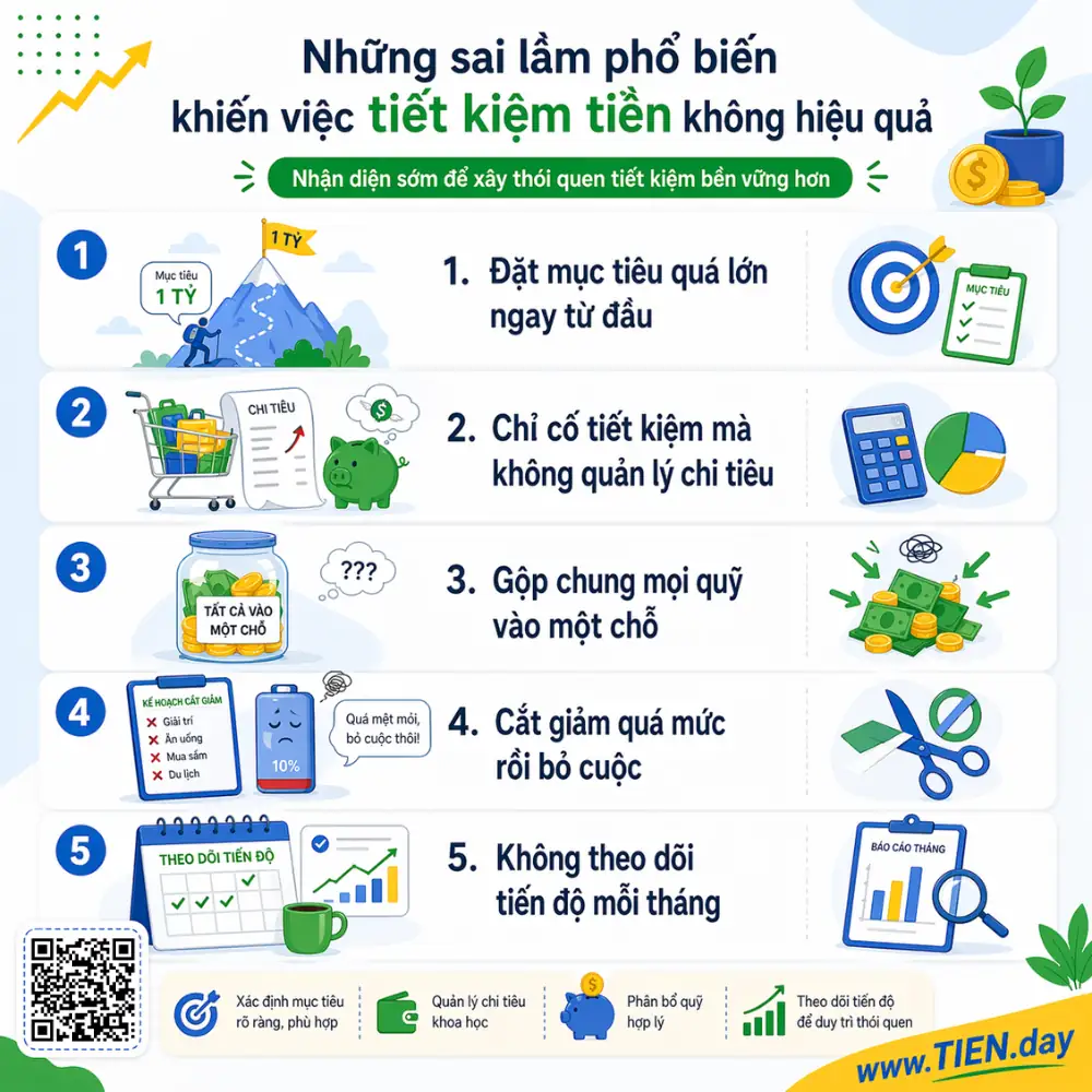Những sai lầm phổ biến khiến việc tiết kiệm tiền không hiệu quả tien.day infographic