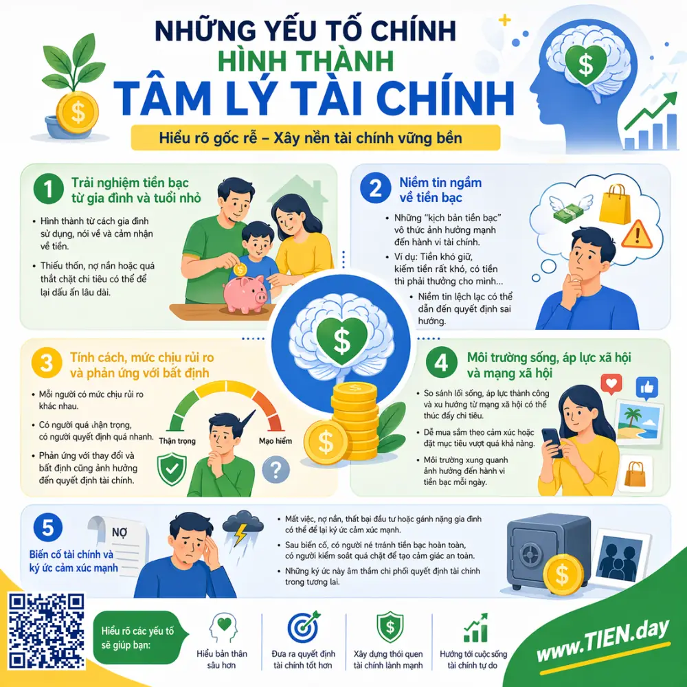 Infographic về những yếu tố chính hình thành tâm lý tài chính gồm gia đình, trải nghiệm tiền bạc, thu nhập, môi trường sống và thói quen chi tiêu