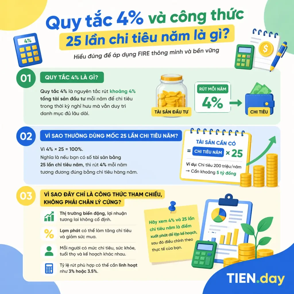 Quy tắc 4% và công thức 25 lần chi tiêu năm là gì tien.day infographic