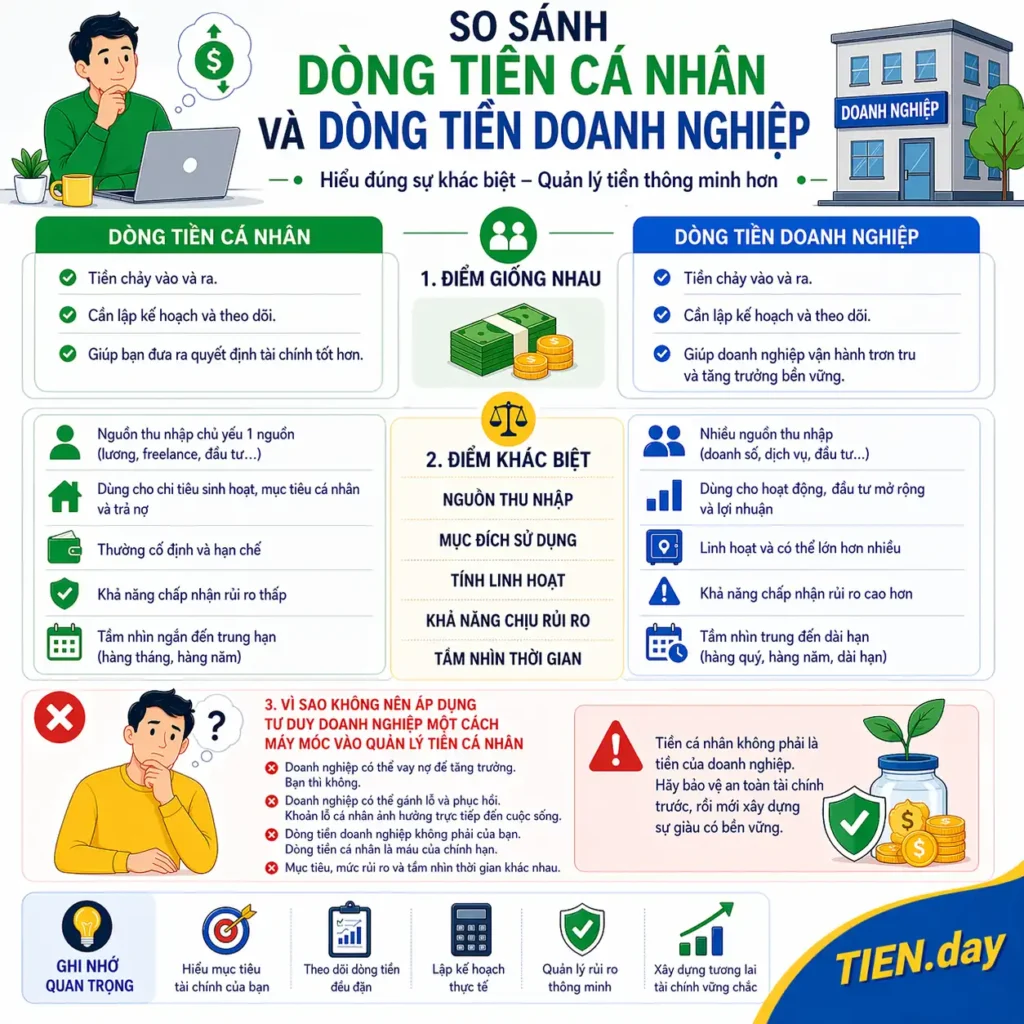 So sánh dòng tiền cá nhân và dòng tiền doanh nghiệp tien.day infographic