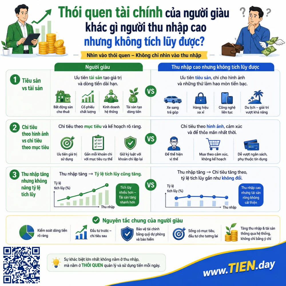 Thói quen tài chính của người giàu khác gì người thu nhập cao nhưng không tích lũy được - tien.day infographic