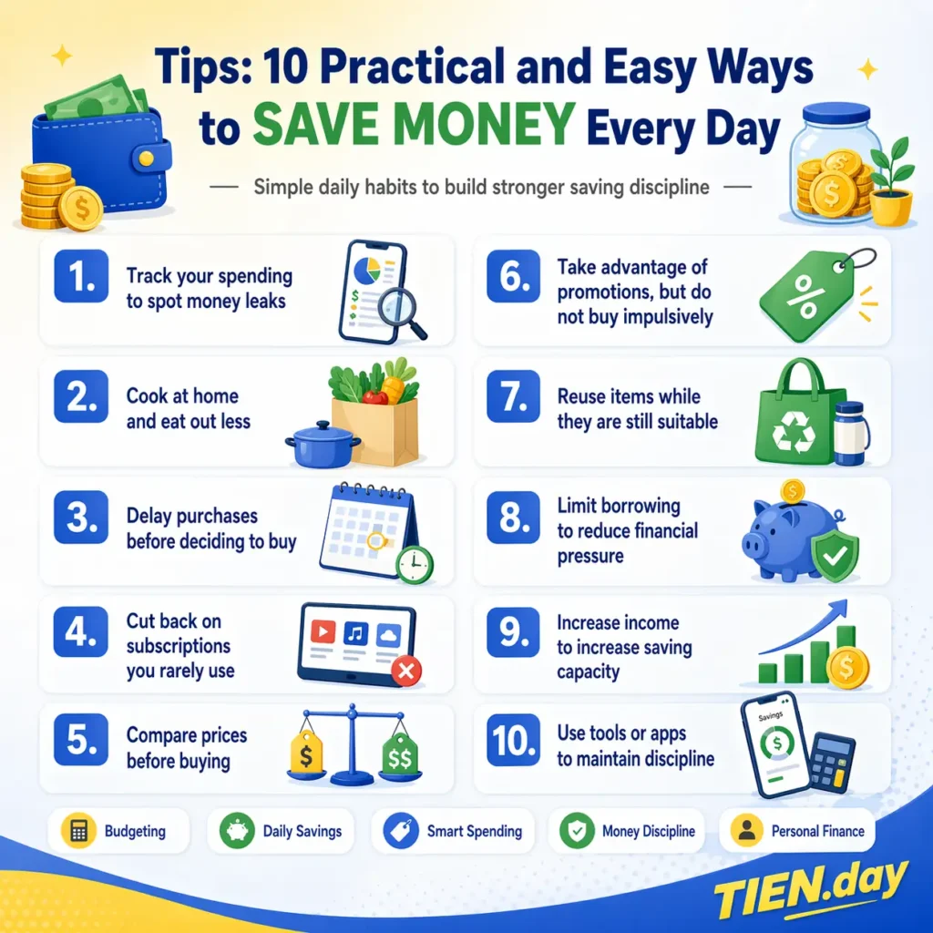 Tips 10 Practical and Easy Ways to Save Money Every Day tien.day infographic