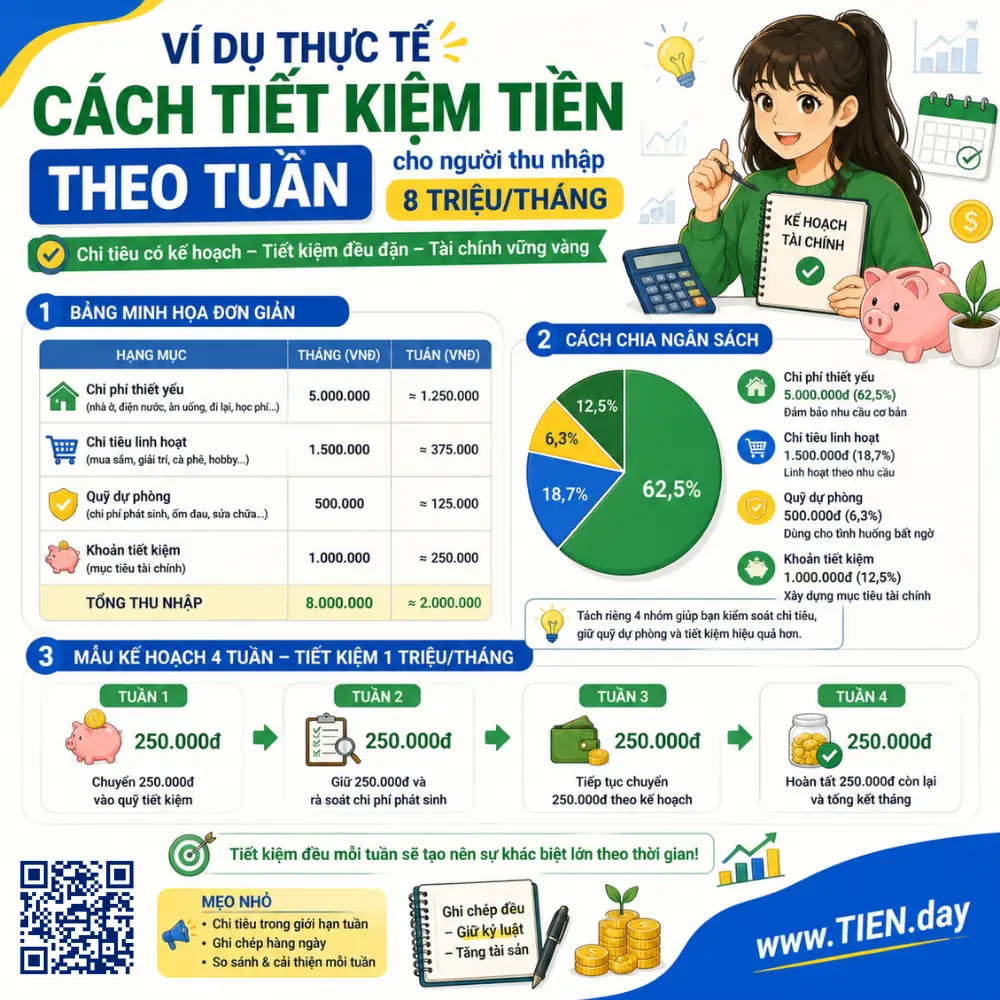 Ví dụ thực tế cách tiết kiệm tiền theo tuần cho người thu nhập 8 triệu_tháng
