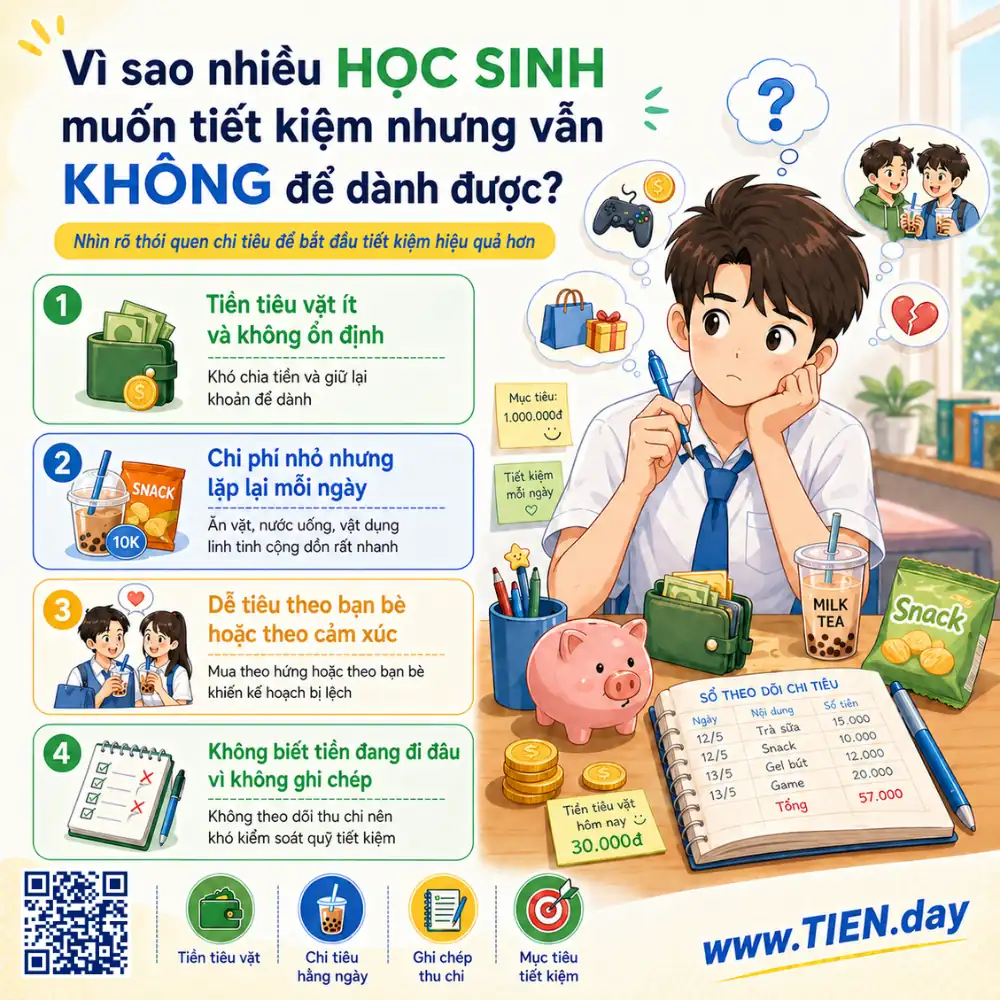 Vì sao nhiều học sinh muốn tiết kiệm nhưng vẫn không để dành được tien.day infographic