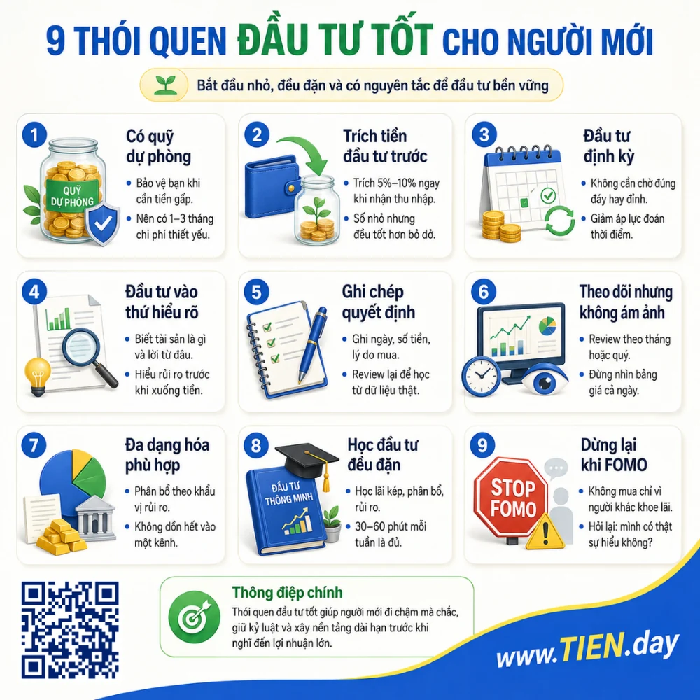 Infographic 9 thói quen đầu tư tốt cho người mới, gồm có quỹ dự phòng, trích tiền đầu tư trước, đầu tư định kỳ, ghi chép quyết định, đa dạng hóa và dừng lại khi FOMO.