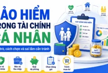 Thumbnail minh họa bảo hiểm trong tài chính cá nhân với lá chắn gia đình, hợp đồng bảo hiểm, quỹ dự phòng, ví tiền, biểu đồ tài chính và các lớp bảo vệ trước rủi ro
