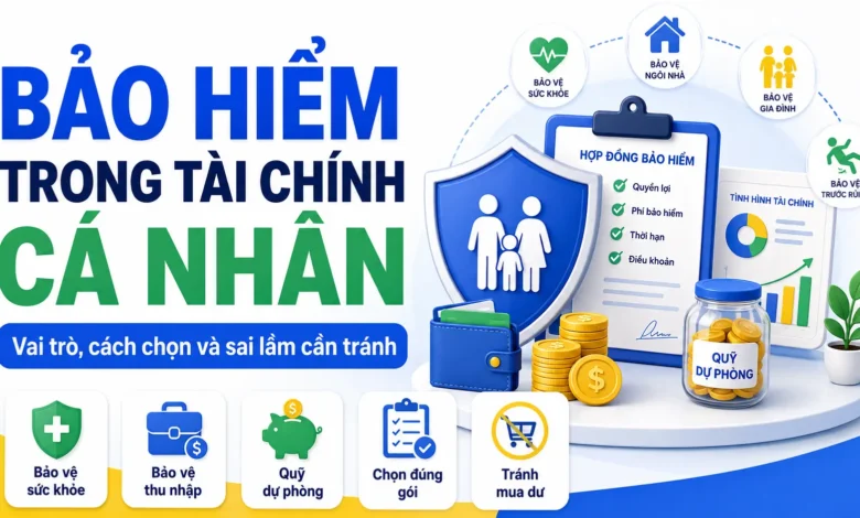 Thumbnail minh họa bảo hiểm trong tài chính cá nhân với lá chắn gia đình, hợp đồng bảo hiểm, quỹ dự phòng, ví tiền, biểu đồ tài chính và các lớp bảo vệ trước rủi ro