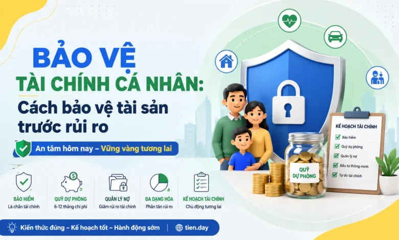 Thumbnail minh họa bảo vệ tài chính cá nhân với lá chắn, gia đình, quỹ dự phòng, bảo hiểm, quản lý nợ và kế hoạch tài chính
