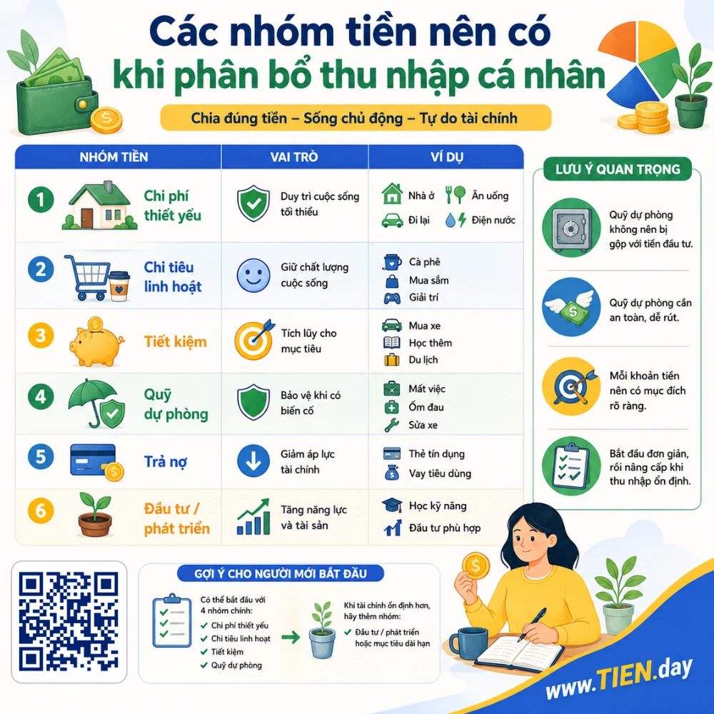Các nhóm tiền nên có khi phân bổ thu nhập cá nhân tien.day infographic 