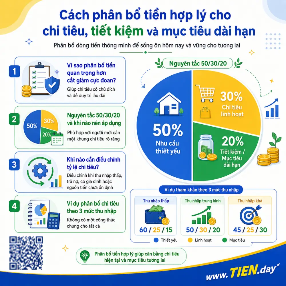 Cách phân bổ tiền hợp lý cho chi tiêu, tiết kiệm và mục tiêu dài hạn tien.day infographic