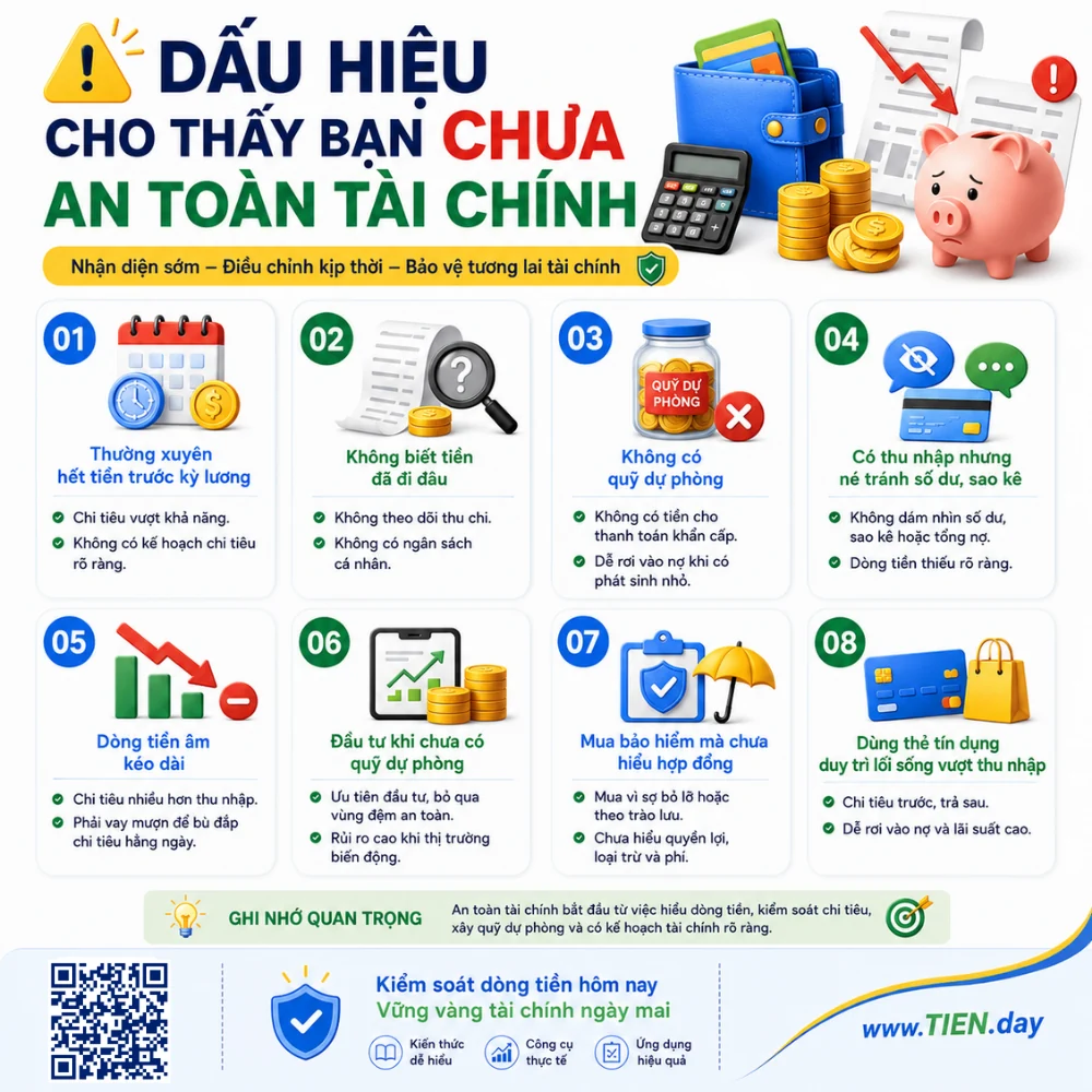 Infographic TIEN.day tóm tắt dấu hiệu chưa an toàn tài chính như hết tiền trước kỳ lương, thiếu quỹ dự phòng, dòng tiền âm và nợ tăng